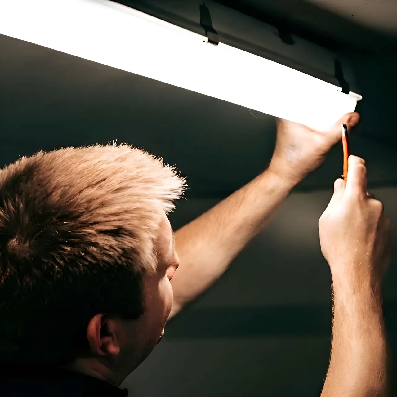 Laurent De Poorter, elektricien uit Ieper, met een tl-lamp